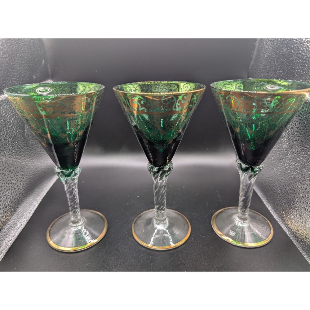 Bohemian Czech Green And Gold Glass Goblets Set Of 3